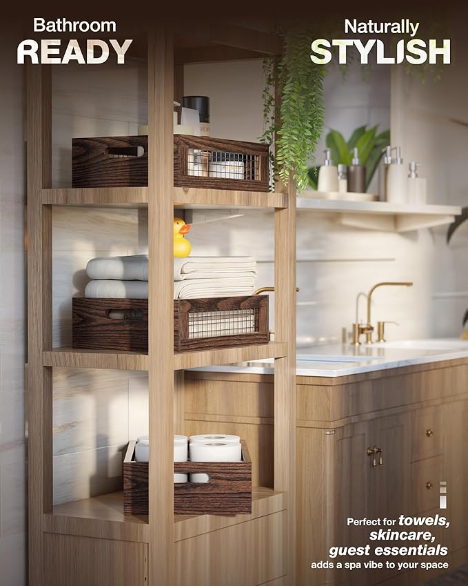 Wooden Countertop Baskets Set of 2 for Kitchen, Pantry|Wall Mount Upgrade with Full Accessories| Rustic Nesting Boxes|Wooden Organizer Crates for Vegetables, Produce, Bread