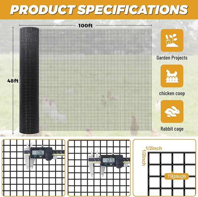 Black Hardware Cloth 1/2'' 48'' X 100',19 Gauge Chicken Wire Fencing PVC Coating Welded Wire Mesh Rolls for Chicken Coop and Home Improvement Garden Fence Rabbit Tree Guard
