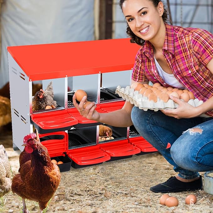 Chicken Nesting Boxes 8 Compartments Chicken Laying Boxes Roll Away Egg Collection Metal Poultry Nest Box with Perch and Lid Cover Free Standing Egg Laying Boxes for Hens Chicken