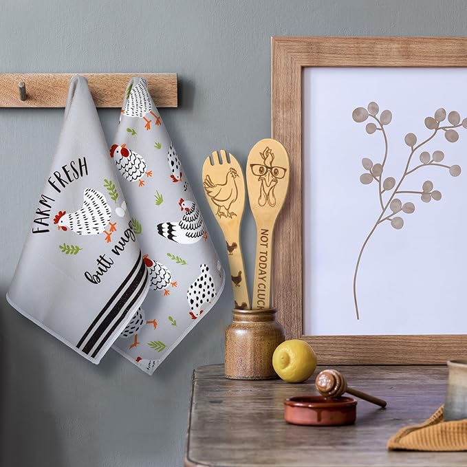 9 Pcs Farmhouse Kitchen Decor Set 4 Kitchen Towels and 5 Wooden Spoons Dish Hand Tea Towels for Housewarming Gifts Christmas Cooking Home Accessories(Rooster)