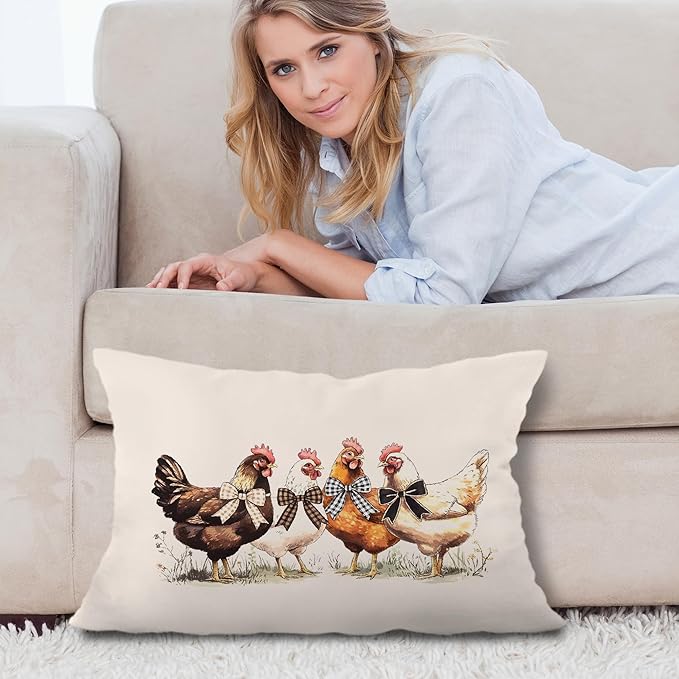 Farmhouse Chicken Lumbar Pillow Covers 12x20 Inch, Chicken Lover Gifts for Women, Farmhouse Chicken Decor