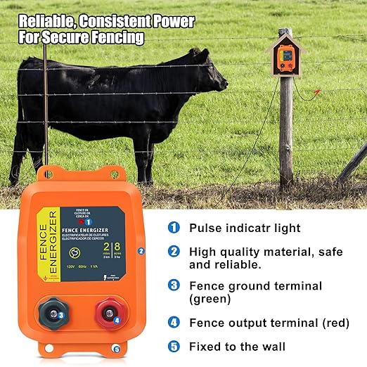 PE2 Electric Fence Energizer Plus 250 Feet Electric Fence Kit 0.10 Joule Livestock Fence Chargers for Accommodating Pets Livestock and Preventing Wildlife Invasion (Aluminum Wire)