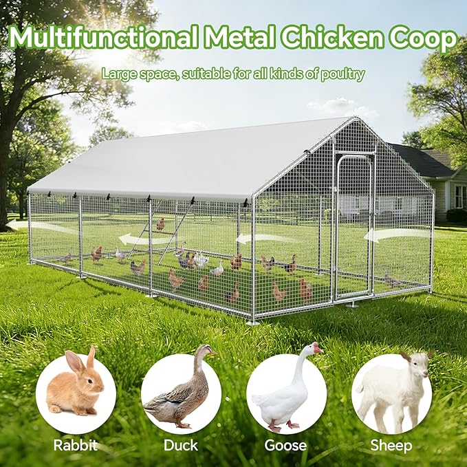 Large Metal Chicken Coop Run with Roosting Perch, Outdoor Poultry Cage with Waterproof & UV-Resistant Cover for Chickens, Ducks, Rabbits in Yard or Farm Use, Spire Roof(8.9'W x17.7'L x 6.6'H)