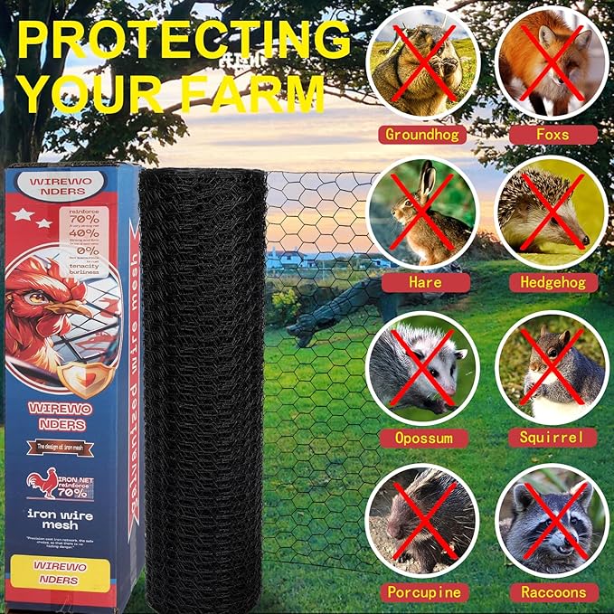 Black 19GA Chicken Wire 36inx150ft, Chicken Wire Fencing, Garden Fence, Metal Poultry Wire Netting, Galvanized PVC Coated Mesh for Animal/Rabbit/Floral/Chicken Coop/DIY Projects.