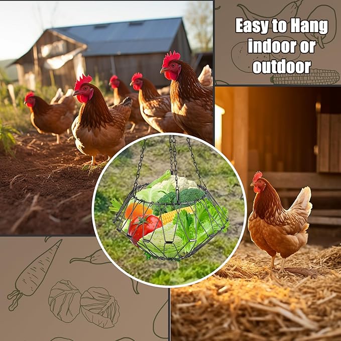 Hanging Chicken Feeder, Foldable Chicken Vegetable and Fruit Food Dispenser, Poultry Feeding Basket with 4 Hanging Chains, Poultry Feeding Vegetable Fast Food Ball (2 Pack)