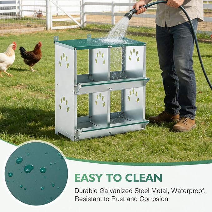 EAGLE PEAK 4-Hole Wall Mounted Chicken Nesting Box, Roll Away Hen Laying Box with Sloped Roof & Easy Clean Tray, Galvanized Steel for Backyard Chicken Coops (Green)