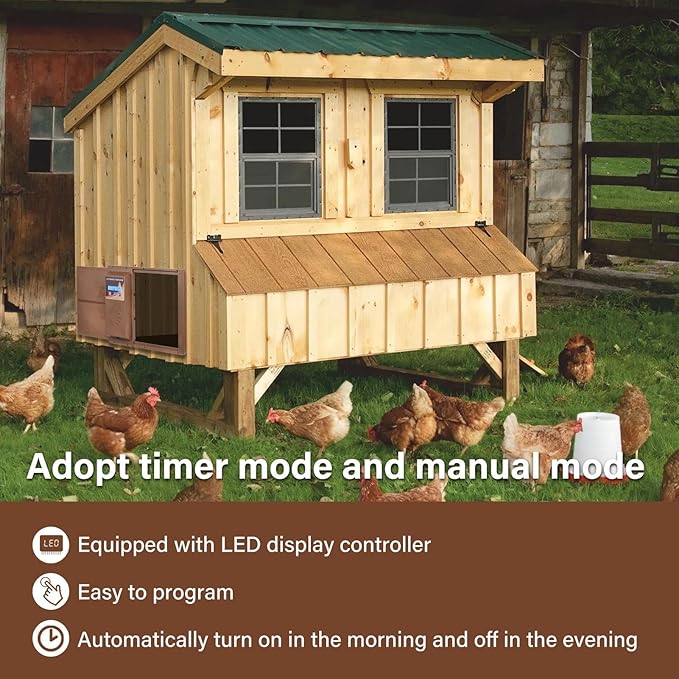 Large Automatic Chicken Coop Door, Side Opening Poultry Entry with Timer Control, Anti-Pinch Safety, Battery or USB Power, LCD Screen, Quick Install for Backyard Chicken House