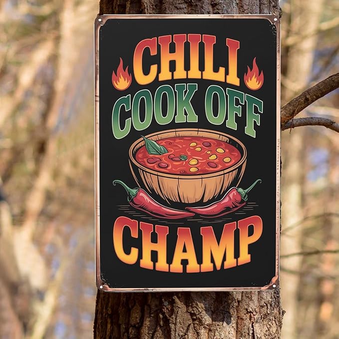 Novelty saying wall decor featuring Chili Cook Off Champ Cooking Spicy Texan Bowl O Red Southern Metal Tin Sign Kitchen Bar Decor Perfect For Hanging In 8x12 inch metal sign for home office wall