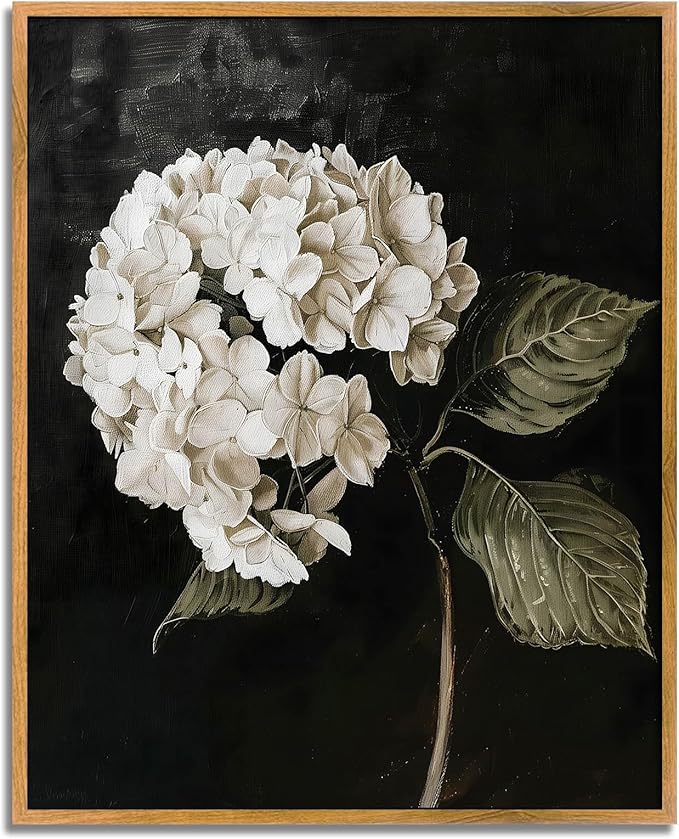 Vintage Flower Framed Wall Art Farmhouse Botanical Pictures Black White Hydrangea Painting Dark Floral Poster Rustic Plant Artwork White Hydrangea Pictures Antique Still Life Painting 8x10inch Framed