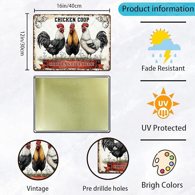 Funny Metal Tin Sign Chicken Coop Chickens Live Here Decoe for Farm Kitchen Garden Gift Metal Wall Art Rooster Hen Indoors or Outdoors 16x12 Inch