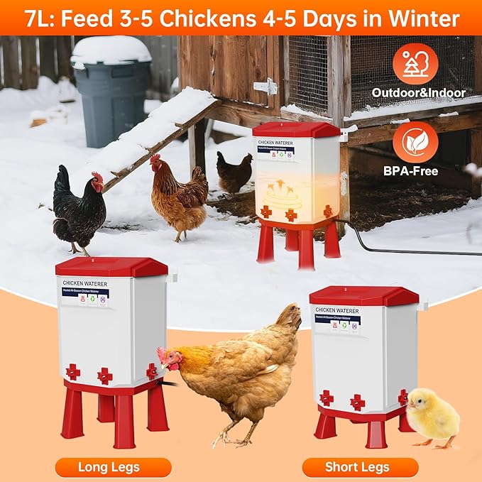 Heated Chicken Waterer, 2 Gallon Thermostatic Poultry Drinker with 4 Nipples, Outdoor Winter Water Heater with Leg Base for Chickens, Ducks, Geese, Turkeys, Anti-Freeze Automatic Watering System