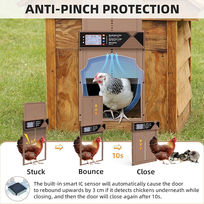 Automatic Chicken Coop Door, 4 Modes LCD Display Chicken Coop Door Solar Powered with Timer & Light Sensor, Aluminum Alloy Automatic Chicken Door with Anti-Pinch, IPX4 Waterproof