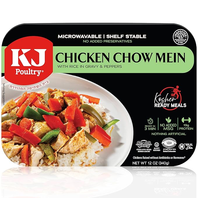 KJ Poultry Kosher Ready Meals - Chicken Chow Mein, MRE Meat Meals Ready to Eat, Gluten Free, Halal, (1 Pack) Prepared Entree Fully Cooked, Shelf Stable Microwave Dinner Travel Military Camping
