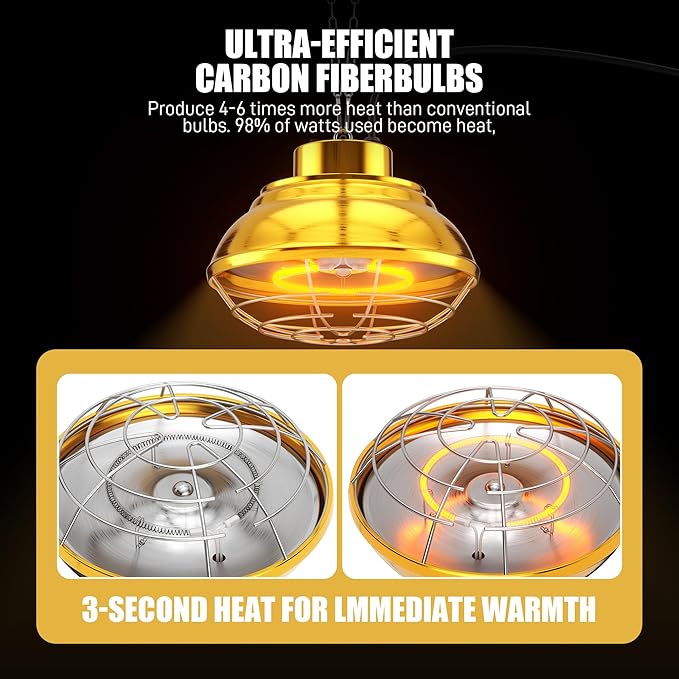 Large Heat Lamp for Chickens Coop, 400 Watt Chicken Coop Heater, Two-Stage Temperature Heat Lamp for Chicks, Carbon Fiber Heating Element for Chicks, Ducks, Poultry, Pets