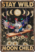 Vintage Chicken Tin Sign Stay Wild Moon Child Retro Coop Metal Sign Funny Chicken Lovers Nostalgic Rustic Wall Decor For Farmhouse Outdoor Poultry House Kitchen Cafe Bedroom Bar 12 * 8In