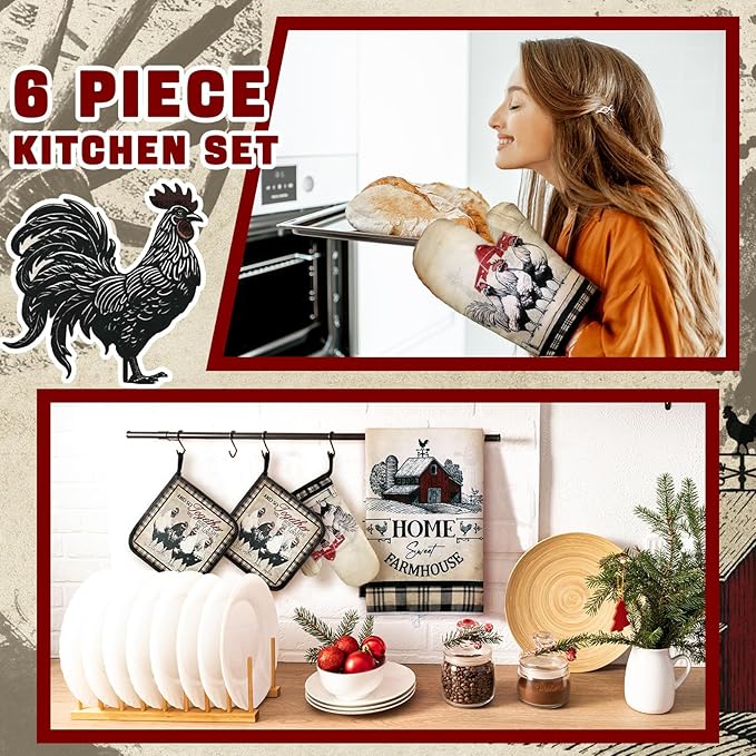 Leinuosen 6 Barn Farm Farmhouse Kitchen Decor Dish Towels Oven Mitts and Pot Holders Sets Chicken Kitchen Towels Absorbent Decorative Accessories for Cooking Baking Grilling