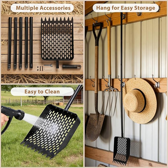 Large Chicken Poop Scooper & Rake 2-in-1, Heavy Duty Metal Pooper Scooper with 43" to 90" Adjustable Stainless Steel Handle, Sand Sifting Shovel for Chicken Coops & Farm Animals Little Scoop