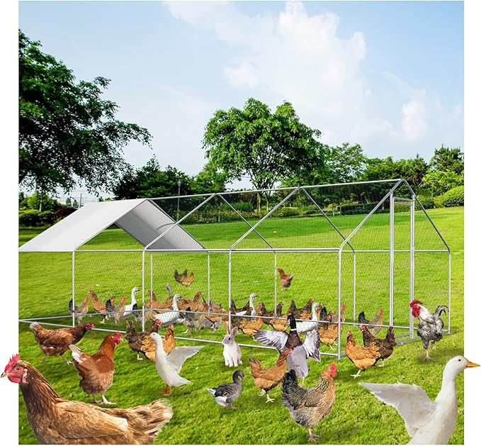 Large Metal Chicken Coop Walk-in Poultry Cage Chicken Runs for Yard with Coverd Chicken Pen for 40 Chickens Duck Rabbit House Outdoor