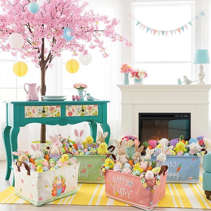 CHENGU 6 Pack Easter Storage Bin Collapsible Easter Basket for Gifts Bunny Eggs Holiday Decor Large Rabbit Basket Foldable Colorful Truck Box with Handle for Bedroom Office Home