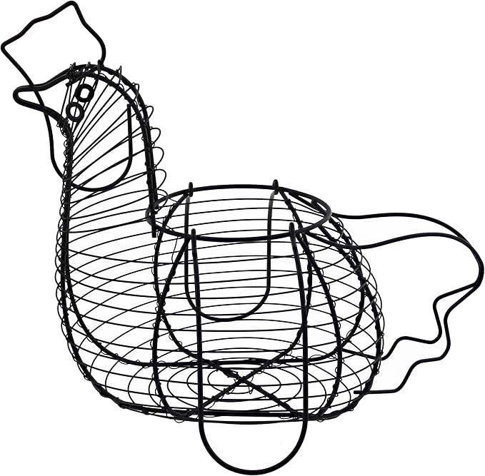 Rural365 Chicken Egg Basket - Chicken Shaped Decorative Black Metal Wire Basket Farm Style Kitchen Egg Collecting Basket