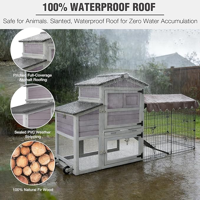 Mobile Chicken Coop with Run, Large Outdoor Wooden Poultry Cage Hen House with Wheels, Nesting Box, Pull-Out Tray, Waterproof Roof, Grey, 79.1" L x 25.2" W x 43.6" H, for 4-6 Chickens