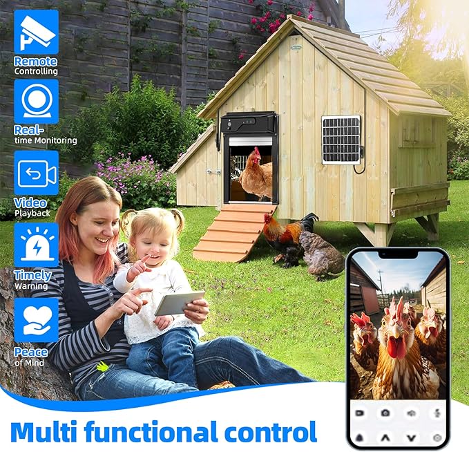 Sararoom Automatic Chicken Coop Door Solar Powered with HD Camera, 5000mAh Chicken Coop Door with Remote Control, WiFi Enabled, APP-Based Monitoring, Timer, Anti-Trap Sensor and Alarm Drive