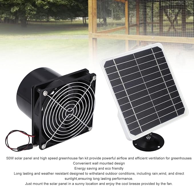 ZJchao 50W Solar Powered Exhaust Fan, 12V Solar Panel with 6.5 Inch Ventilation Fan for Outside Greenhouse Chicken Coop Shed Pet House