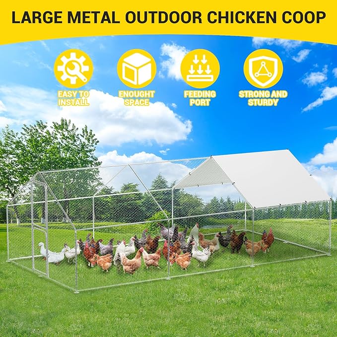 6.6FT Height Walk in Chicken Coop Metal, Outdoor Chicken Run with Split Door, Waterproof & UV Resistant Cover, Large Poultry Cage for Goose Rabbit, Duck Houses for Outside Yard Farm