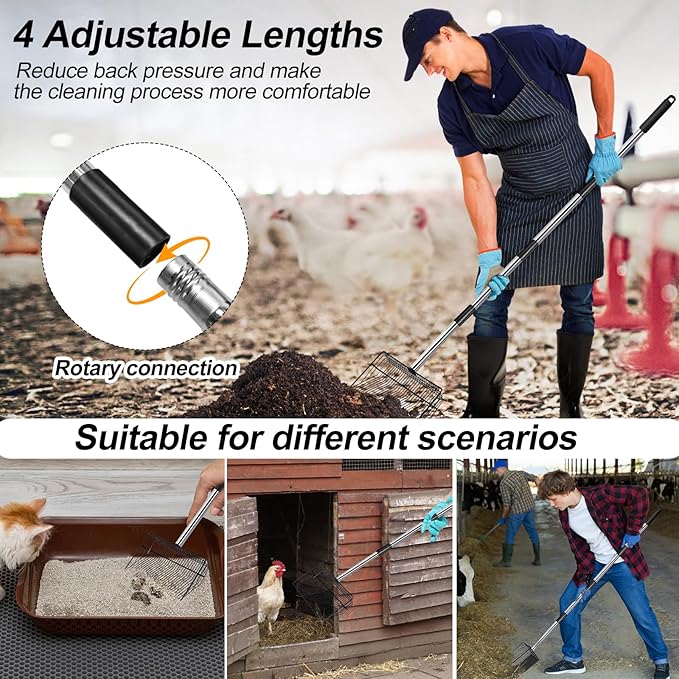 10 inch Large Chicken Poop Scooper for Sand for Shavings 74" Heavy Duty Pooper Scooper Long Handle Chicken Coop Scoop for Cleaning Tools and Rake 5-in-1 Sifting Shovel for Chicken Scoop supplies
