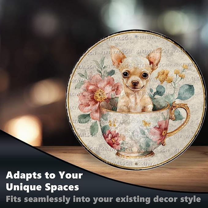 Vintage Chihuahua Round Metal Sign Retro Tea And Flower Tin Sign Nostalgic Dog Lovers Wall Decor Decorations for Home Bedroom Living Room Cafe Bar Garden Plaque Yard 12 * 12 In