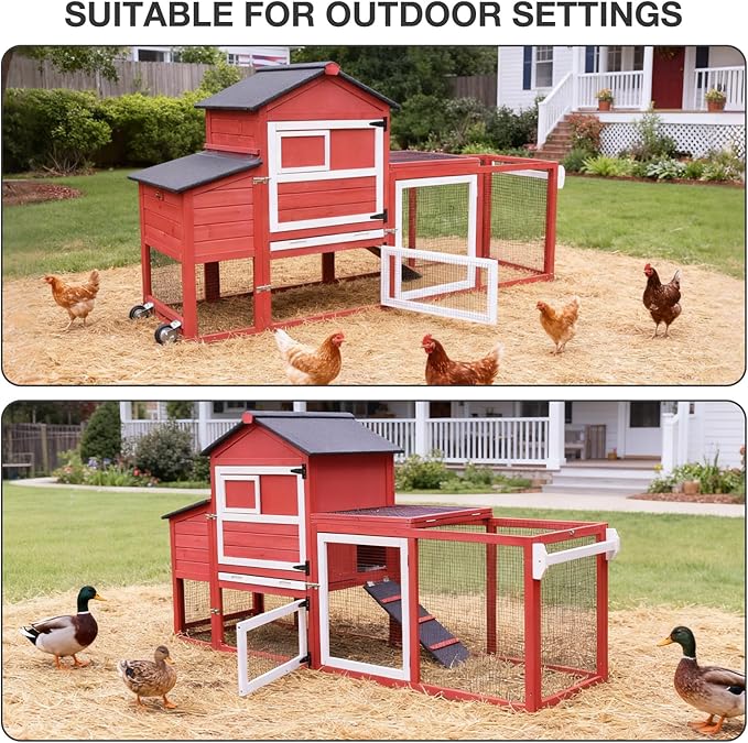 Large Chicken Coop with Wheels, Outdoor Wooden Hen House with Run & Nesting Box, for 3-5 Chickens, Waterproof Asphalt Roof, Leakproof Tray, Expandable Poultry Cage-Red