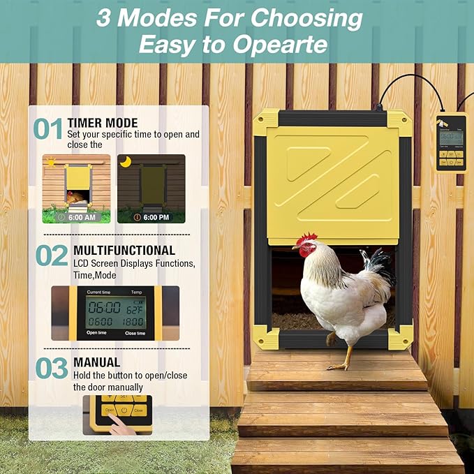 Automatic Chicken Coop Door, Solar Powered Automatic Chicken Door with Timer Mode, Battery Powered LCD Screen, Anti-Pinch Design, Waterproof, Easy Installation (Black)