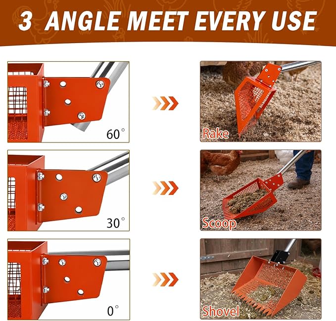 Chicken Poop Scooper for Sand, 12'' Wide 2-in-1 Chicken Coop Scooper and Rake, 36'' to 77'' Extra-Length Effort-saving Handle Chicken Coop Pooper Scooper Sifting Shovel, Chicken Coop Cleaning Tools