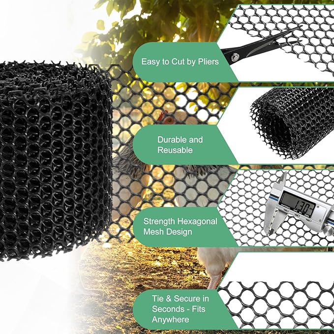 1-Pack Floral Chicken Wire Mesh, 3.9 in x 33 ft Plastic Hexagonal Chicken Wire Fencing with 50 Garden Ties for Crafts/Poultry Netting/Garden/Plant Protection [Black]