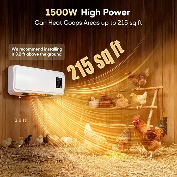 1500W Chicken Coop Heater for Winter, 2 Mode Wall-Mounted Chicken Coop Heater with Thermostat, Timer & Remote Control, 3S Fast Heating & LCD Display, Heat Warmer for Chickens, Ducks, Geese in Winter