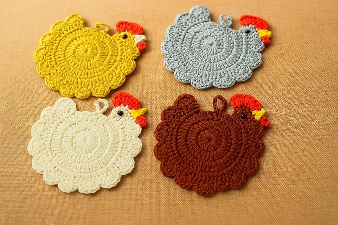 Handmade Crochet Chicken Coasters Set of 4, Mom, Stuffed Animal-Themed Drink Coasters, Cute Desk Accessories, Home Decor, Tabletop Protection, Crazy Chicken Lady Must Have