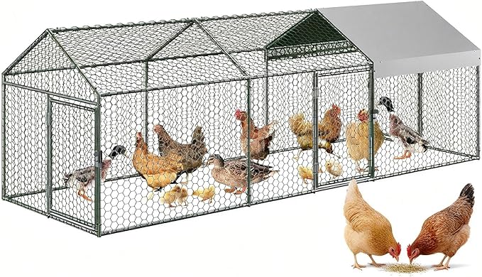 Large Metal Chicken Coop with Run for 10-20 Chickens - Outdoor Walk-in Poultry Cage with Anti-UV Waterproof Cover, Security Lock & Tri-Supporting Wire Mesh - Heavy Duty Hen House (120x40x40 Inch)