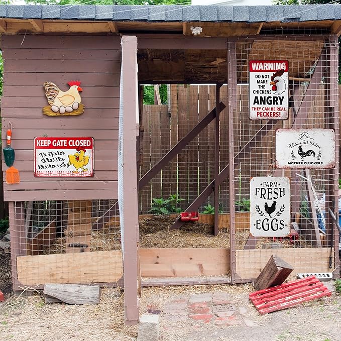 8 Pack Chicken Coop Accessories - Funny Chicken Signs and Metal Plaque Signs for Outdoor, 8x12 Inch