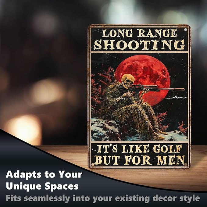Vintage Skeleton Tin Sign Long Range Shooting Retro Metal Poster It's Like Golf But For Men Funny Gun Wall Art Cafe Office Wall Decorations for Home Bar Club Military Fan Man cave 16 * 12 In