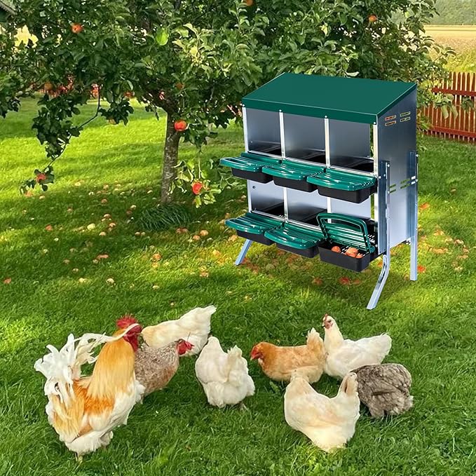 Chicken Nesting Box, 2-Tier Chicken Laying Boxes for Hens, 10 Hole Nesting Boxes for Chickens, Roll Away Nest Box for Laying Eggs, Roll Out, Easy Egg Collection (Green, 6-Holes with Legs)