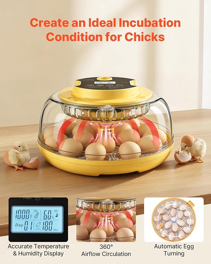 VEVOR 18 Egg Incubator, Automatic Egg Turner with LED Candler, Temperature & Humidity Control, 360° View Clear Window, Auto Water Refill, Poultry Eggs Incubators for Hatching Chicks Ducks Goose Quail