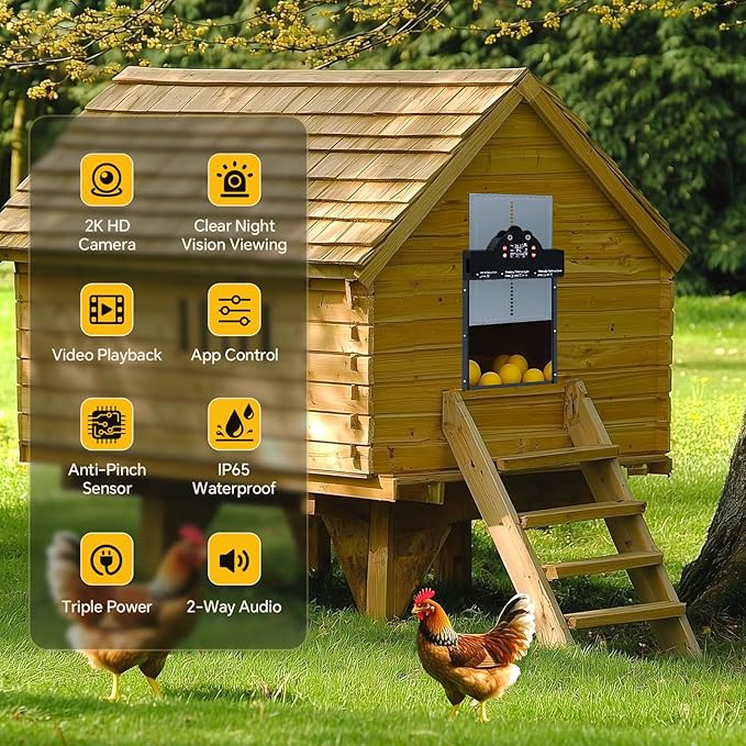 Automatic Chicken Coop Door Solar Powered with 2K Camera & Night Vision, IP65 Wireless Auto Door Opener, 6-Month Battery, APP Control, 2-Way Audio, Anti-Pinch Design (Blue Gray)