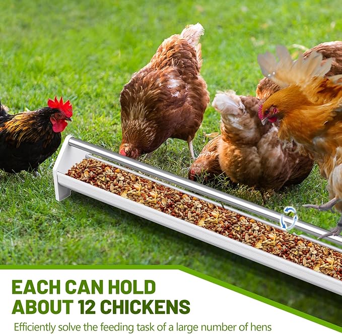 2 Sets 47 Inch Chicken Feeder Trough, Heavy Duty Plastic Stainless Steel Round Bottom Pigeon Feeder Trough Rotating Round Tub for a Variety of Poultry for Chickens, Ducks, Geese, Goats