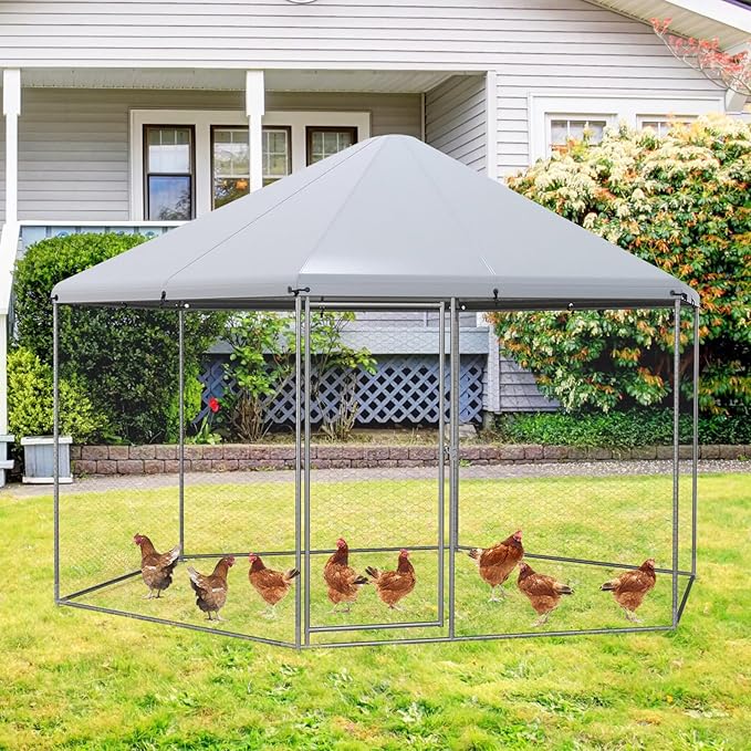 Giantex Large Metal Chicken Run, 13ft Hexagon Walk-in Chicken Coop with Waterproof Cover, Heavy Duty Steel Frame, 12 Stakes, Outdoor Poultry Cage House Chicken Pen Hen Duck Habitat for Farm Yard