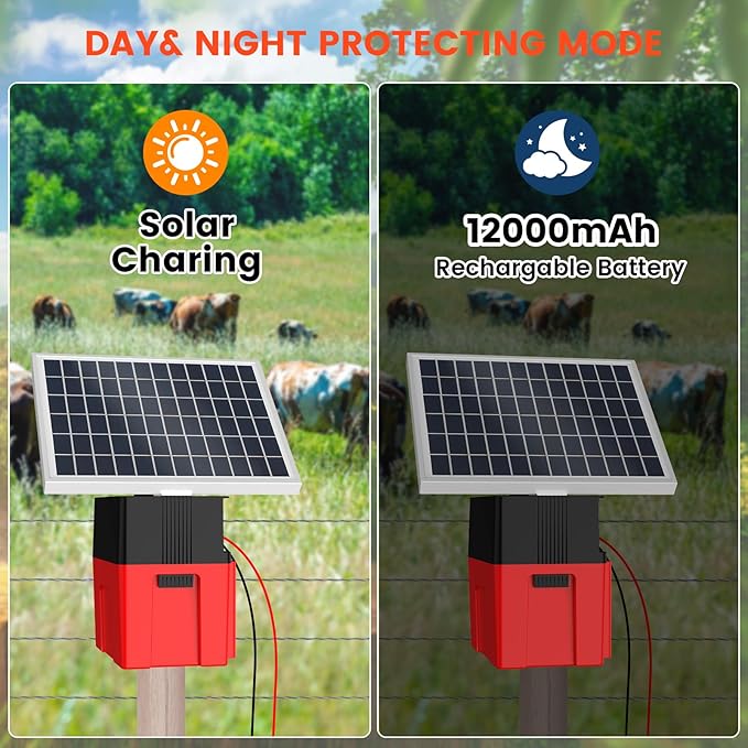 Solar-Powered Electric Fence Charger with Alarm,1.2 Joule Output, Up to 20 Miles Coverage,12000mAh Battery &10W Solar Panel Energizer for Livestock & Predator Deterrence