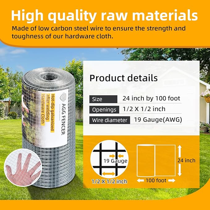 24inch x 100ft Hardware Cloth 1/2 inch Chicken Wire Fencing 19Ga, Hot Dipped Galvanized After Welding Garden Plant Supports Welded Metal Chicken Wire Fence Poultry Animal Netting Cage Screen