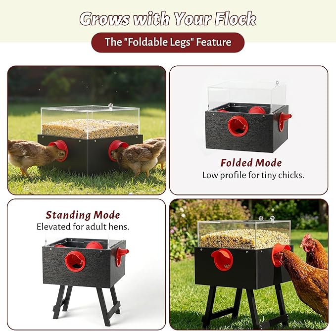 KOL No-Waste Chicken Feeder, 17LB Poultry Feeder with 4 Anti-Spill Ports, Clear-View HIPS & Acrylic Design, Foldable Stand for Hens and Chicks – Automatic Gravity-Flow Feeder
