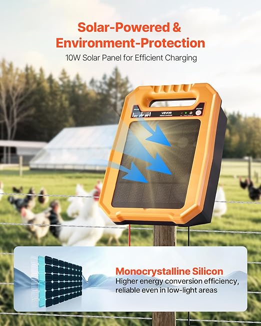 VEVOR Solar Fence Charger, 0.3J 8 kV Solar Powered Fence Charger, Weather-Resistant Electric Fence Energizer Kit, 7 Days Runtime, for Livestock, Poultry, Garden Protection