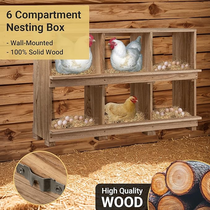 Nesting Boxes for Chickens 6 Compartment, Wall-Mounted Wooden Chicken Nesting Box, Ensuring Comfortable Egg Laying, Preventing Egg Falls, Perfect for Backyard and Poultry Farms