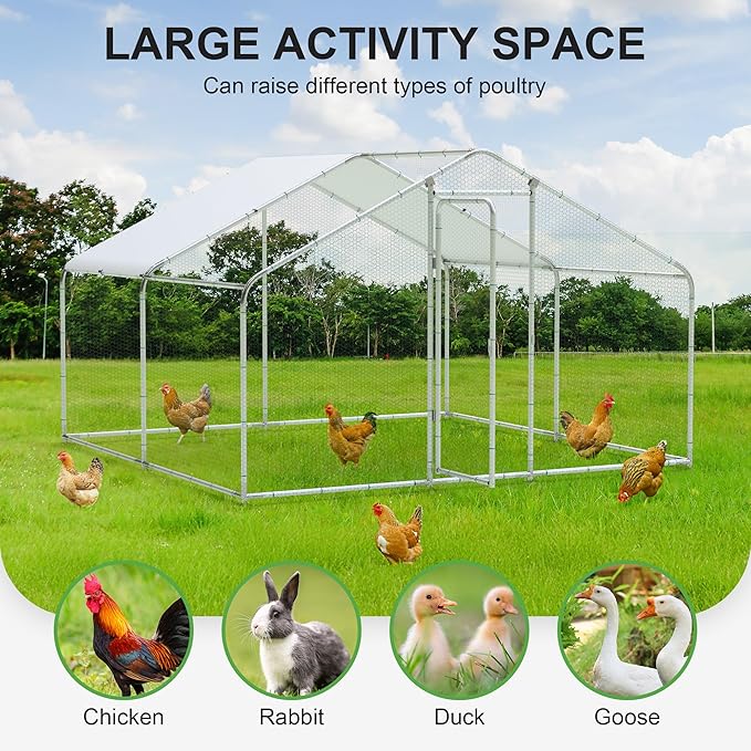 Large Metal Chicken Coop, 10'x10'x6.6' Walk-in Poultry Cage Outdoor Chicken Run Pen w/Waterproof & Anti-UV Cover, Hen House w/Security Lockable Door for Farm Backyard Duck Rabbit Cage Spire Roof